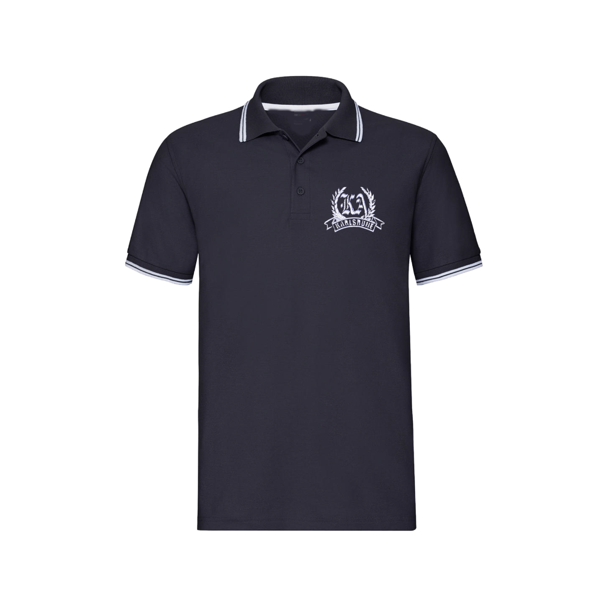 Besticktes Polo-Shirt "Karlsruhe - Kranz + Banderole" navy-weiss
