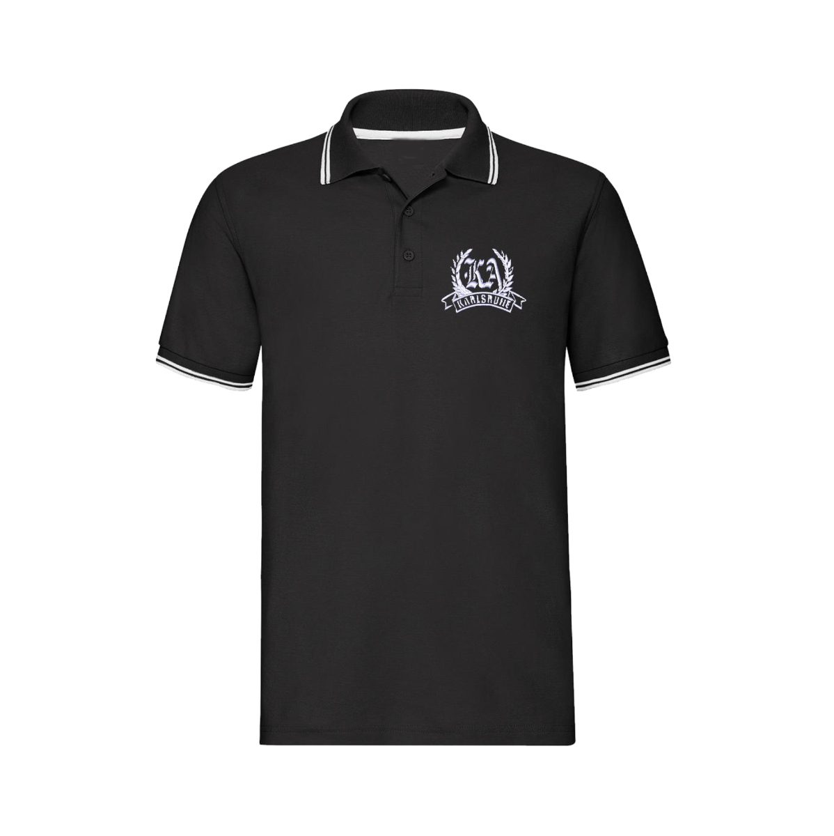 Besticktes Polo-Shirt "Karlsruhe - Kranz + Banderole" schwarz-weiss